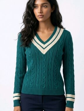 Vtg Lord and Taylor Green Cable Knit Sweater with Cream Accents